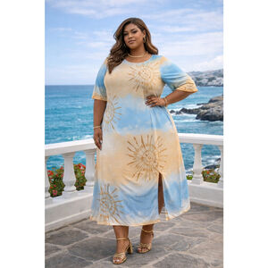 Women's Beyond This Plane Maxi Dress 3XL Blue Beige Tie-Dye